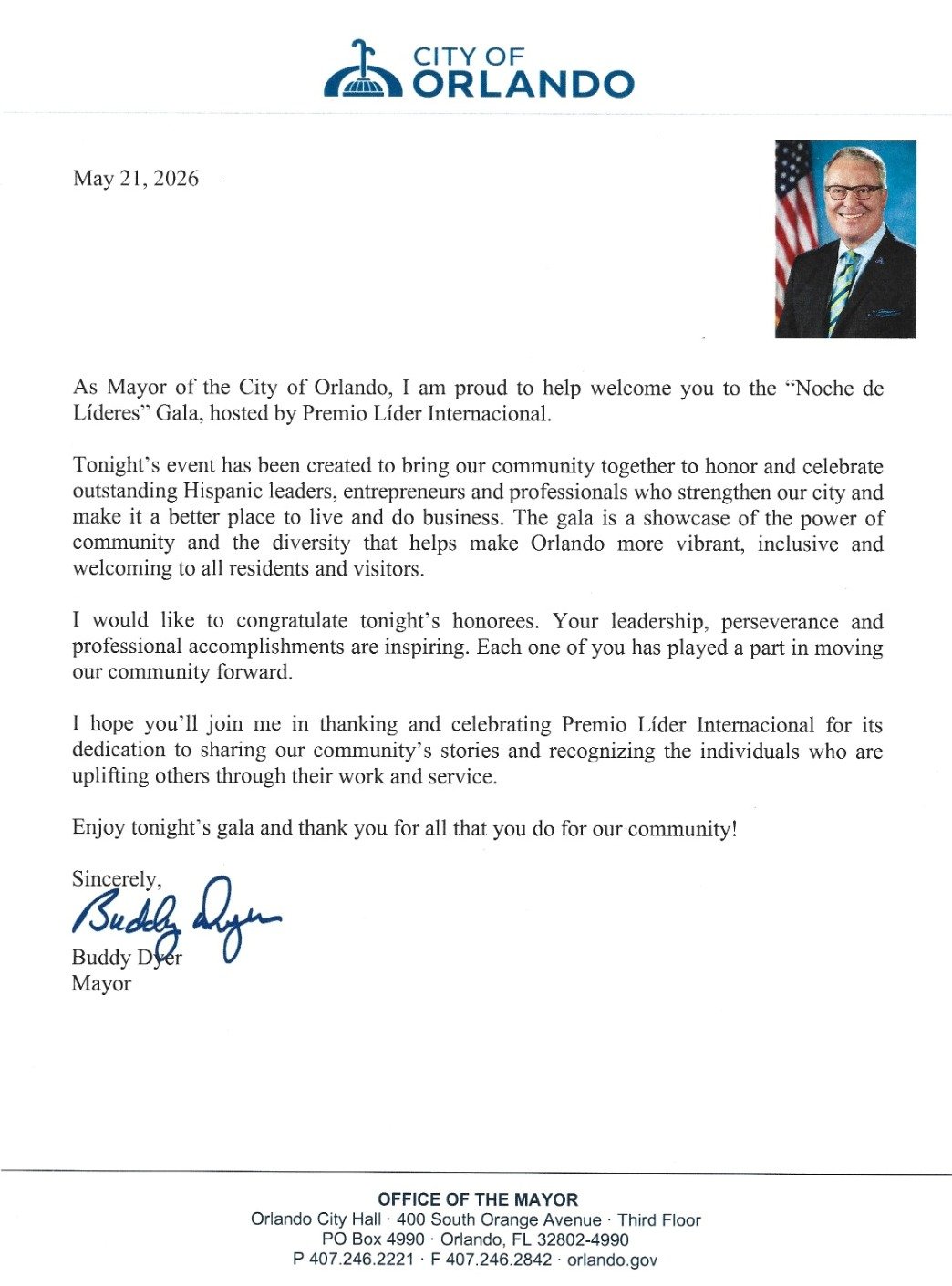 Carta oficial del Alcalde Buddy Dyer - City of Orlando