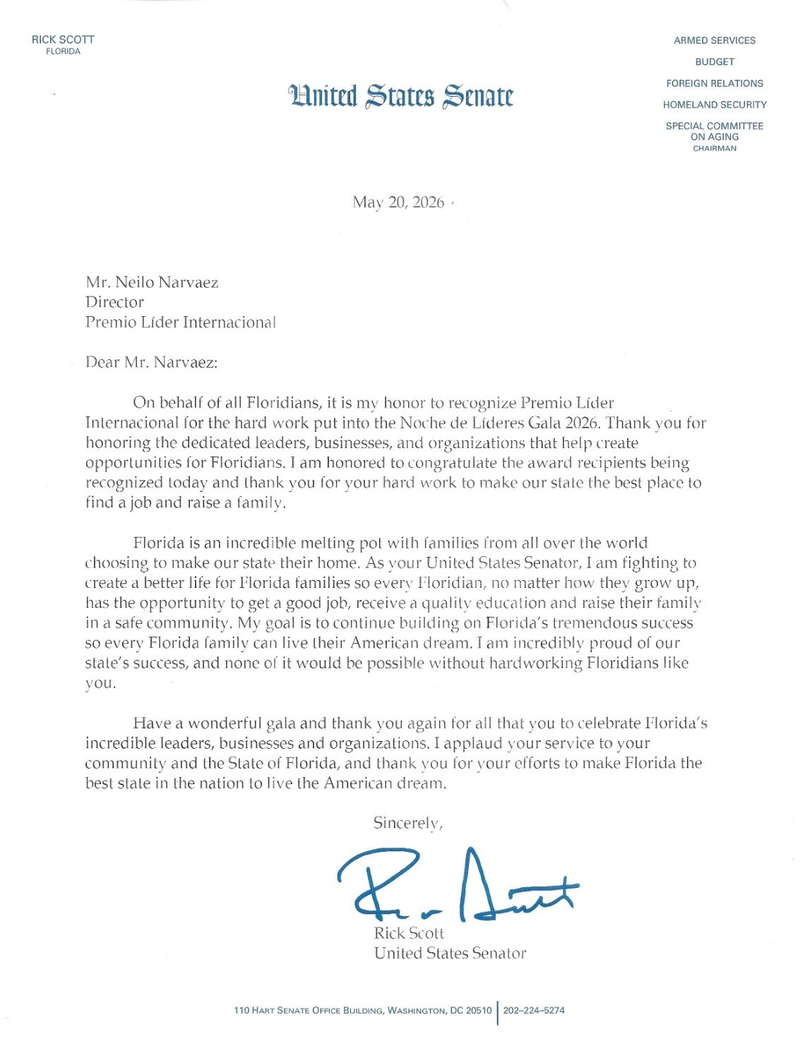 Carta oficial del Senador Rick Scott - United States Senate